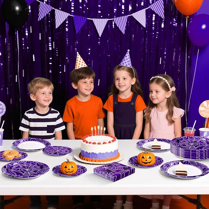 Paper Plates & Napkins, 25 Guest Disposable Party Supplies, Spider Webs and Spider Patterns Tableware Decorations Favors, 75pcs Including 9" & 7" Plates & Napkins for Halloween, Birthday, and Parties