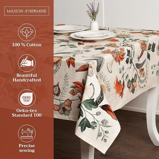 Maison d' Hermine Table Cloth Rectangle Table 100% Cotton 60 x 90 Inches Fall Tablecloth Reusable Everyday Use for Thanksgiving Christmas Decorations Dining Farmhouse Party (Dalida)