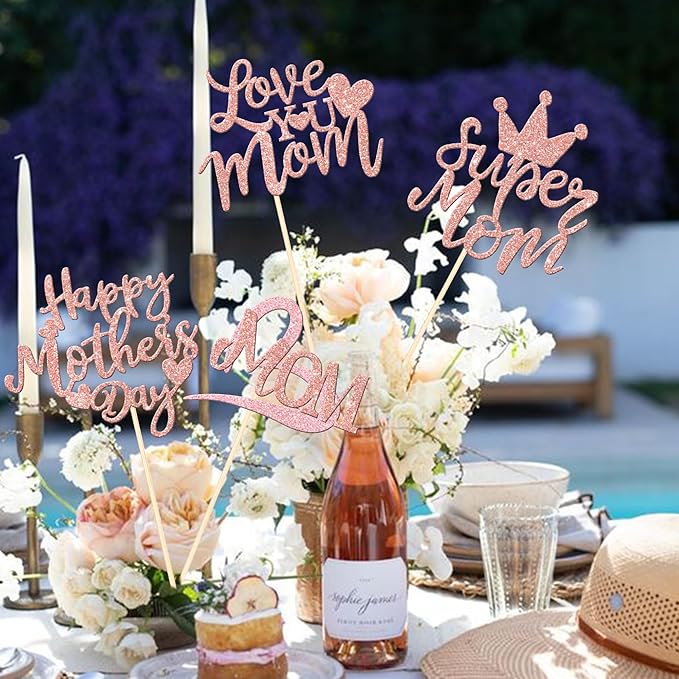 12 PCS Happy Mother's Day Centerpiece Sticks Double Sided Love Super Mom Best Mom Centerpieces for Happy Mother's Day Theme Table Flower Decorations Women Birthday Party Supplies Rose Gold