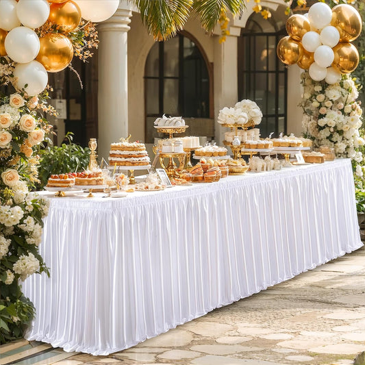 Wish Care 6ft White Satin Table Skirt for Rectangle Tables Wrinkle Free Glitter Desk Skirts Pleated Ruffle Table Cloth for Wedding Birthday Baby Shower Party Banquet Cake Teacher Table Decorations