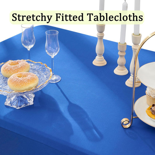 4 Pack Spandex Royal Blue Tablecloths for 8 Foot Rectangle Tables, Wrinkle Free Fitted Table Cloth 8ft Blue Stretchy Tablecover Skirt for Parties Weddings Birthday Banquet Baby Shower