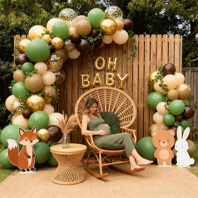 Zesliwy Sage Green Brown Balloons Set,50pcs 12inch Retro Green Dark Brown Nude Balloon and Tan Metallic Gold with Confetti Balloon for Jungle Safari Hunting Woodland Forest Birthday Party Decoration