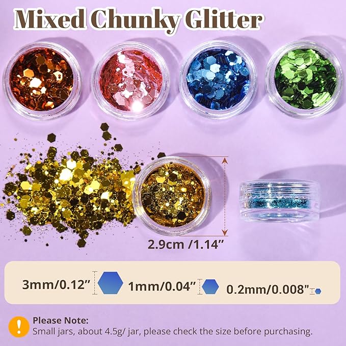 LEOBRO Chunky Glitter, 24 Colors Glitter for Crafts, Resin, Sequins for Crafts, Hair Body Face Makeup Nail, DIY Party Decorations, Solid Color