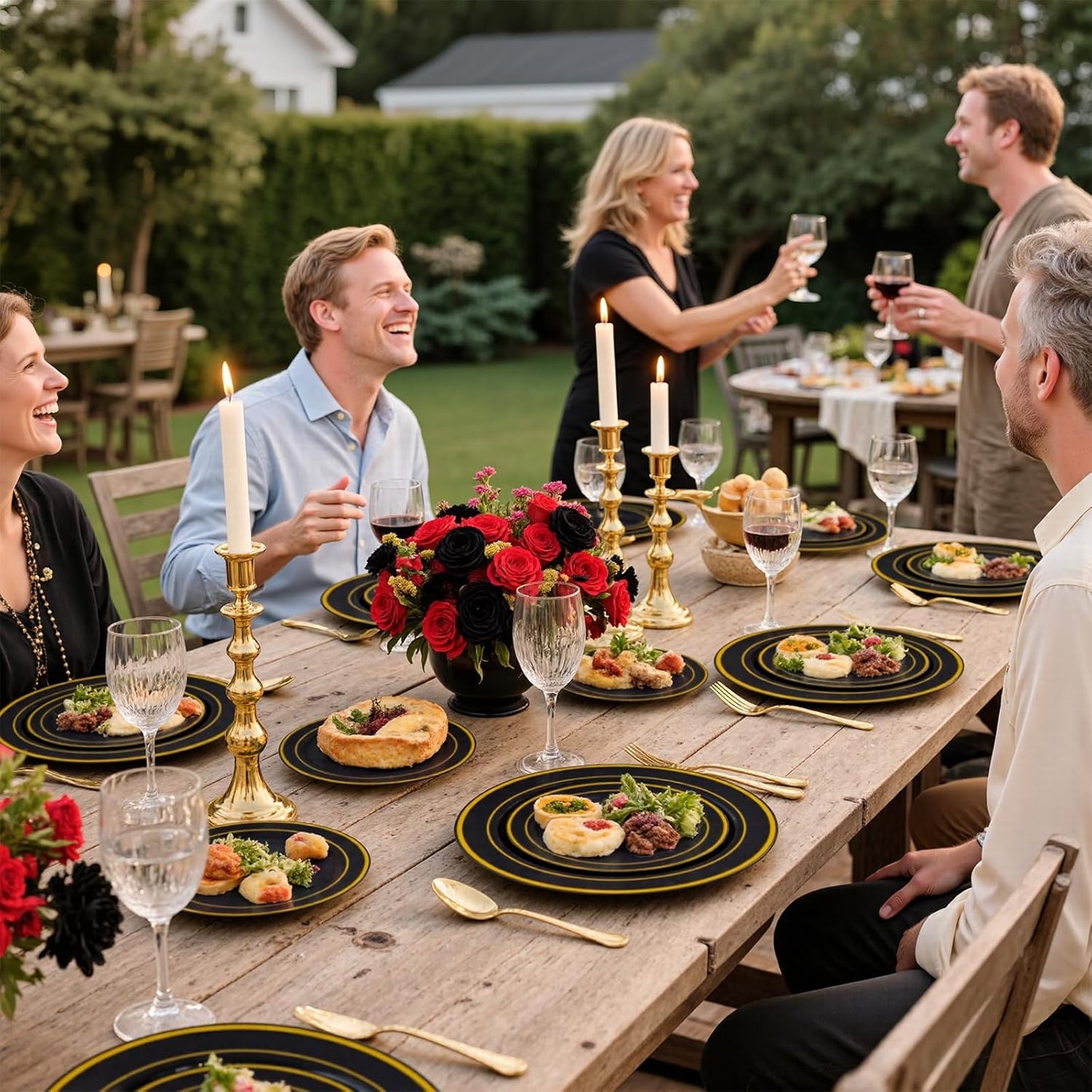 WELLIFE 210PCS Black and Gold Plastic Plates - Plastic Dinnerware Set for 30 Guests,Include 30 Dinner Plates, 30 Dessert Plates, 30 Black Cups 9 OZ, 30 Pre Rolled Napkins with Gold Silverware