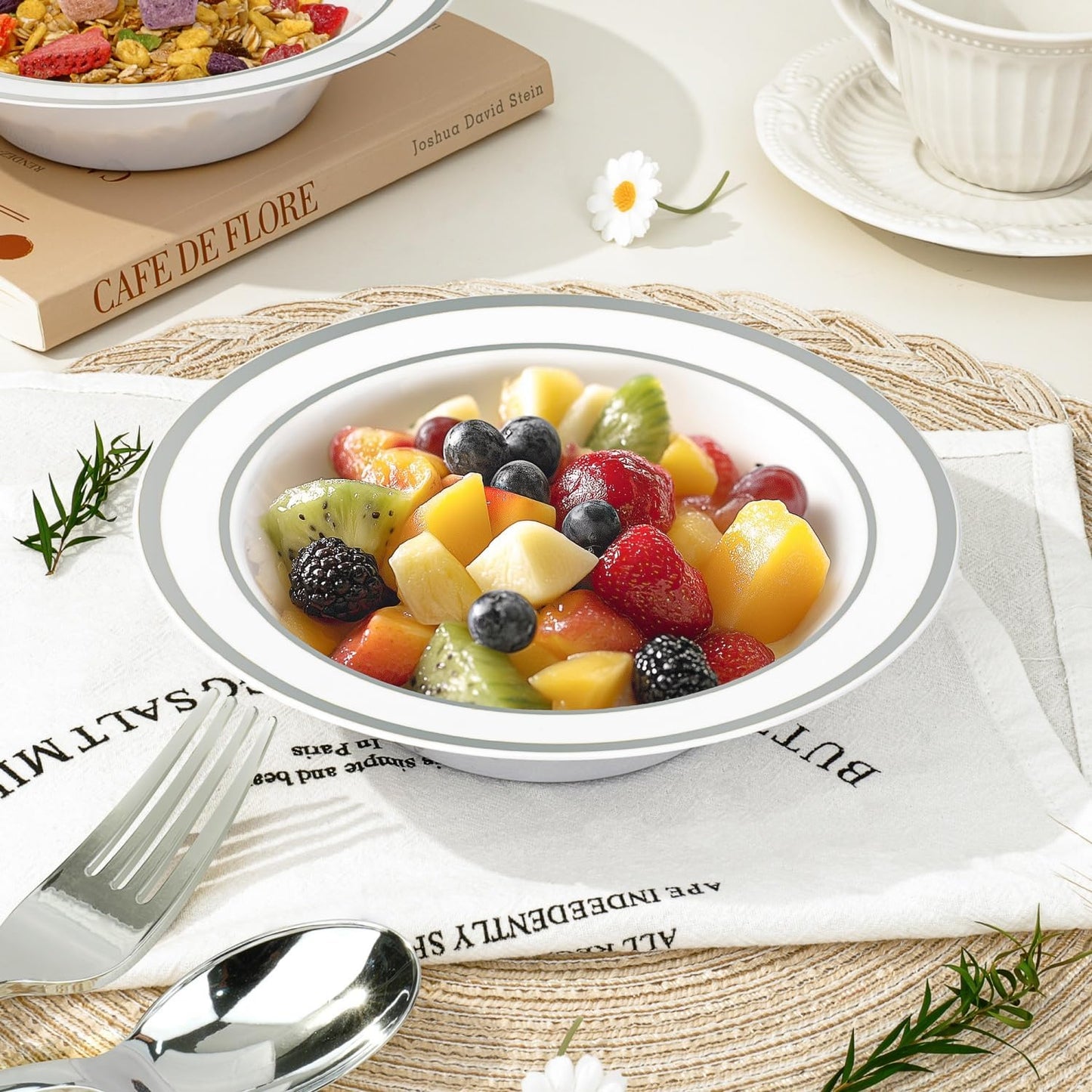 BESTVIP 200 Pack Plastic Bowls with Silver Rim, 12 oz Disposable Soup Bowls, Heavy-duty Dessert Fruit Bowl for Party, Wedding, Christmas, Thanksgiving, Dinner Catering