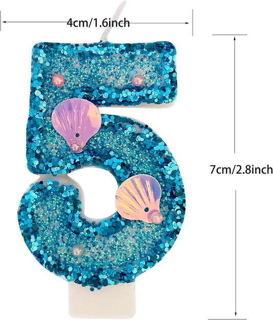 Blue Number Candle,Shell Sequins Number Candles for Birthday Cakes Mermaid Themed Party Supplies Number 5 Candle