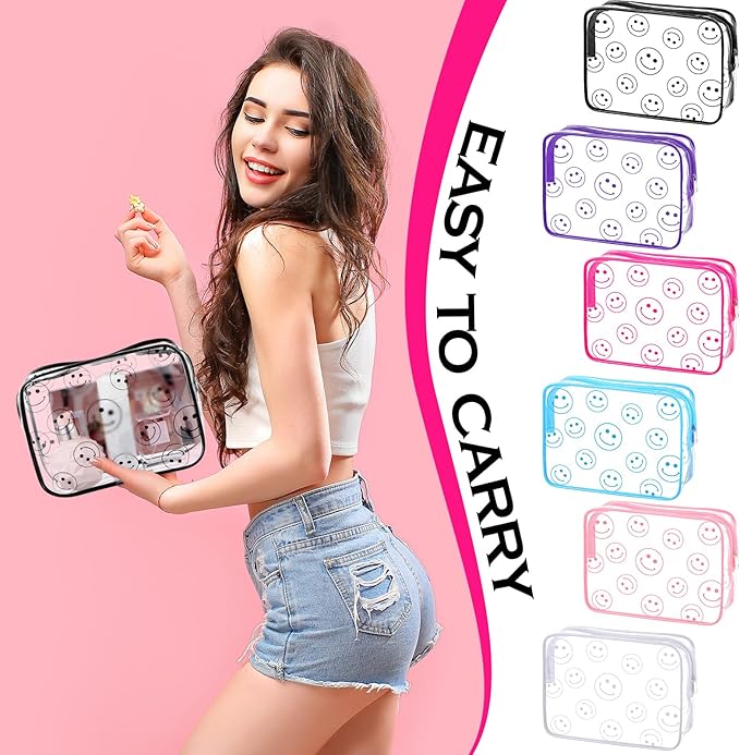 Cunno 6 Pcs Makeup Bags Gifts for Women Preppy Boho Smile Face Flamingo Clear Makeup Bags Cosmetic Transparent PVC Travel Toiletry Organizer for Birthday Party Favor(Smile Style)