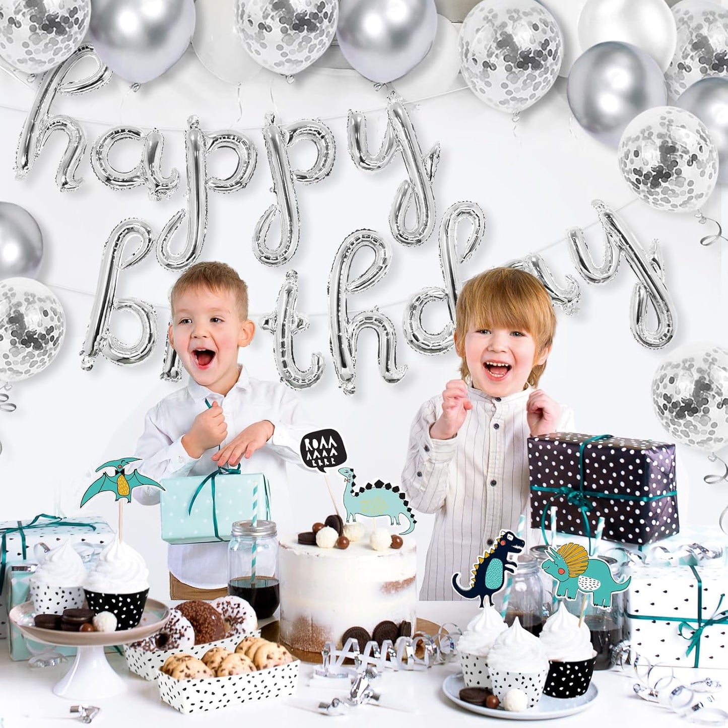 Silver Happy Birthday Banner, 25 pcs Cursive Silver Foil Letters Balloons Sign with Latex Balloons, Happy Birthday Party Decorations for Women Men Birthday Decor