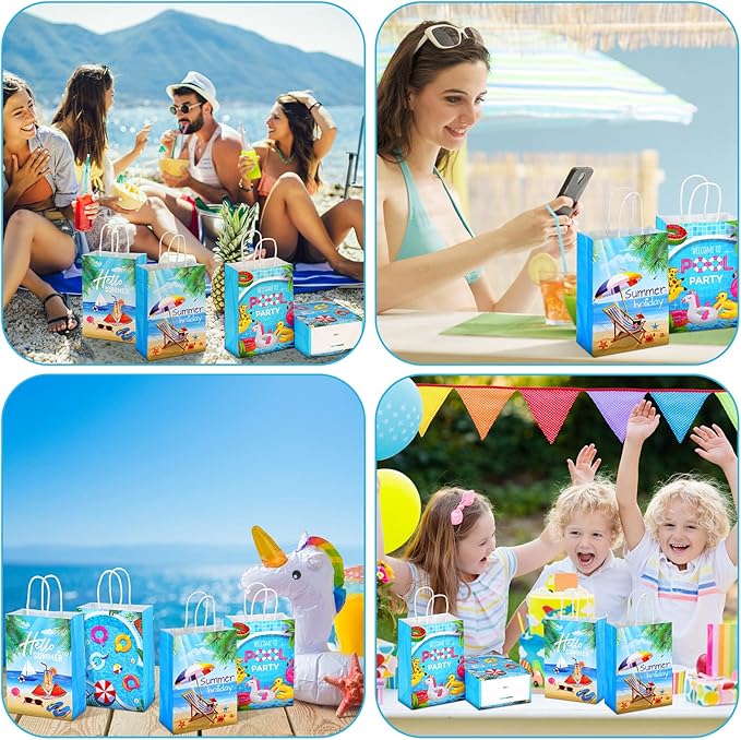 Outus 24 Pieces Summer Pool Party Favors Bags Beach Gift Goodie Paper Bags with Handles Beach Swimming Pool Candy Treat Pouch for Summer Hawaiian Luau Birthday Holiday Party Supplies