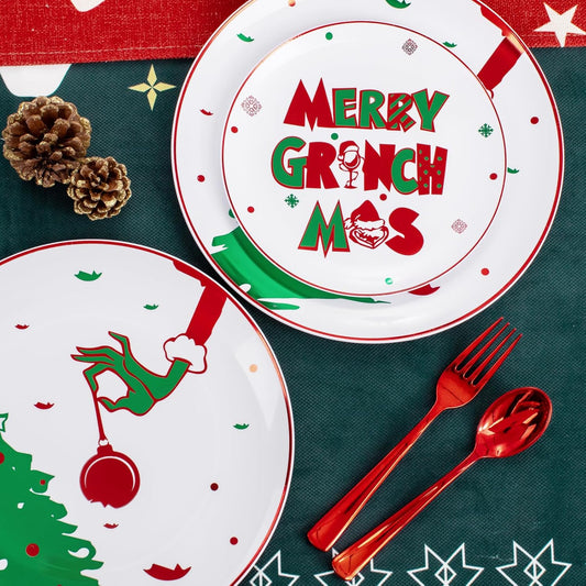 WELLIFE 60pcs Christmas Plates-30 Plastic Green Monster Dinner Plates and 30 Green Monster Dessert Plates,Red and green Plastic Plates with Christmas Tree Patterns