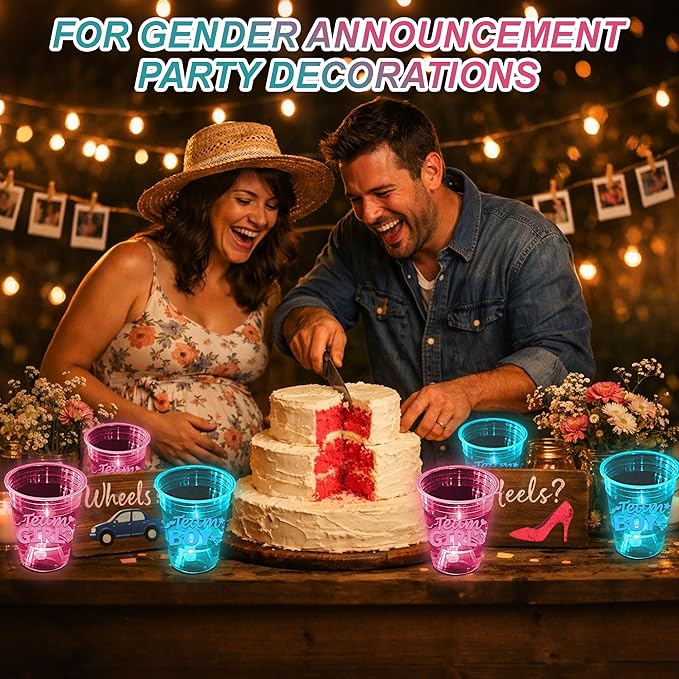 mishunyus 40-Pack Glow in the Dark Gender Reveal Cups - Team Boy & Girl Baby Shower Party Supplies (20 Blue + 20 Pink) 16 oz Plastic Cups for Gender Announcement Party Decorations
