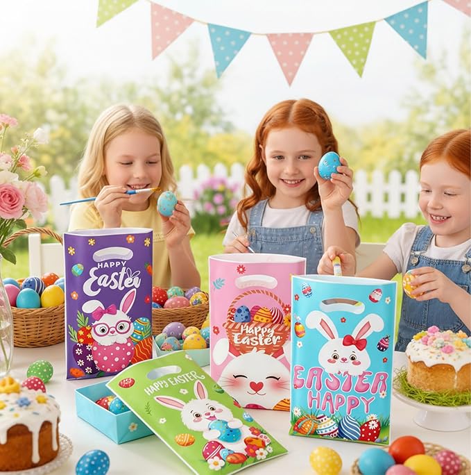 Easter Gift Bags with Handles, 100Pcs Colorful Bunny Treat Bags Bulk, Plastic Goody Candy Cookie Snack Tote Gift Bag for Happy Easters Egg Hunt Activity Spring Holidays Party Favor Supplies Decorations