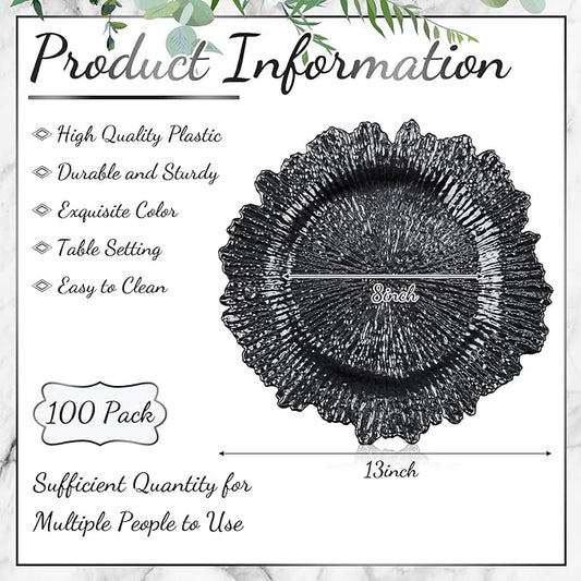 Tanlade 100 Pcs Reef Charger Plates Bulk 13 Inch Plastic Wedding Chargers Floral Decorative Plates with Metallic Ruffled Rim for Wedding Party, Holiday Event Supplies(Black)