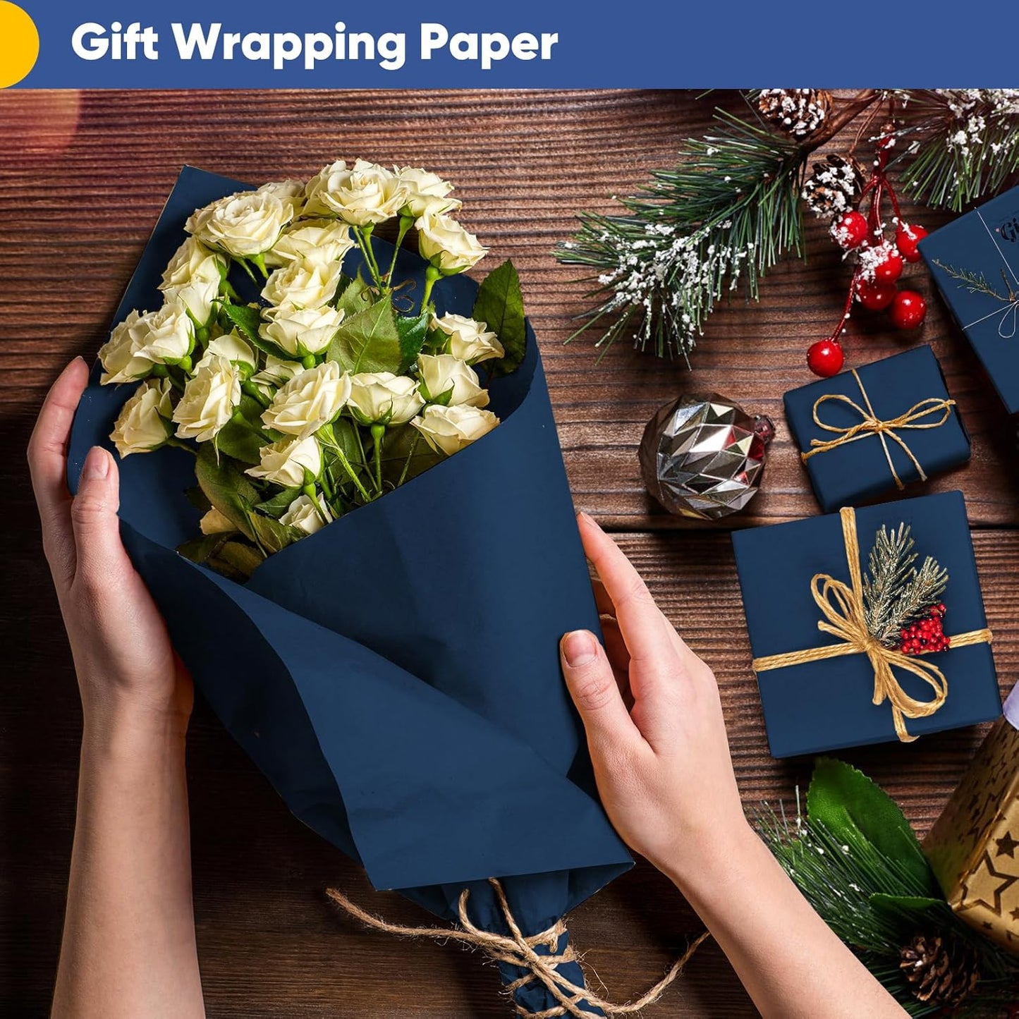 Vanhench 30"×1200"(100') Navy Blue Art Craft Paper, Wrapping Paper Roll for Bulletin Board Bouquet Flower Wrapping, Perfect for Birthday, Valentine's Day, Mother's Day, Holiday, Wedding