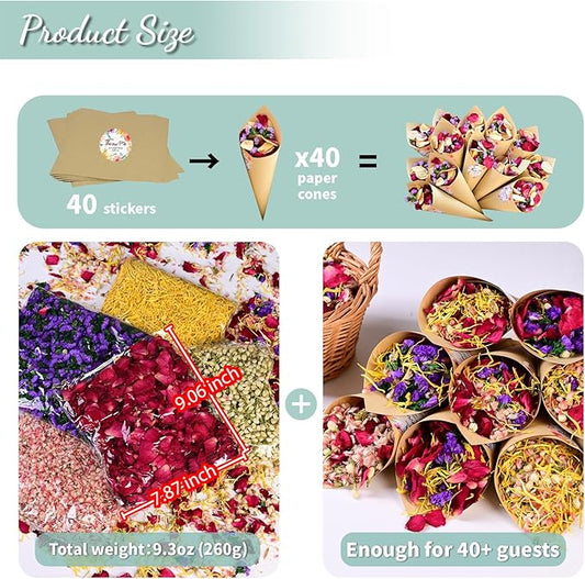 40+ Cups 9.3oz Real Biodegradable Flower Petal Wedding Confetti, 5 QT 5 Kinds Colorful Mixed Petal Confetti with Dried Rose Petal & Jasmine Buds, DIY Wedding Decor for Flower Girl Bridal