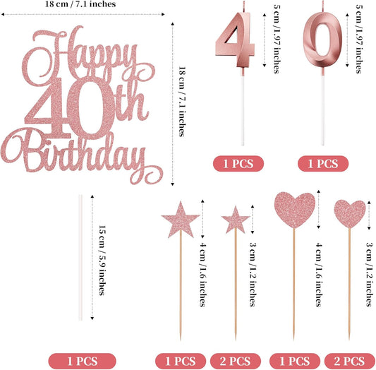 40th Birthday Cake Decorations, 40th Birthday Candles Cake Numeral Candles and Glitter Happy 40th Birthday Cake Toppers Set for Birthday Party Supplies (Rose Gold)