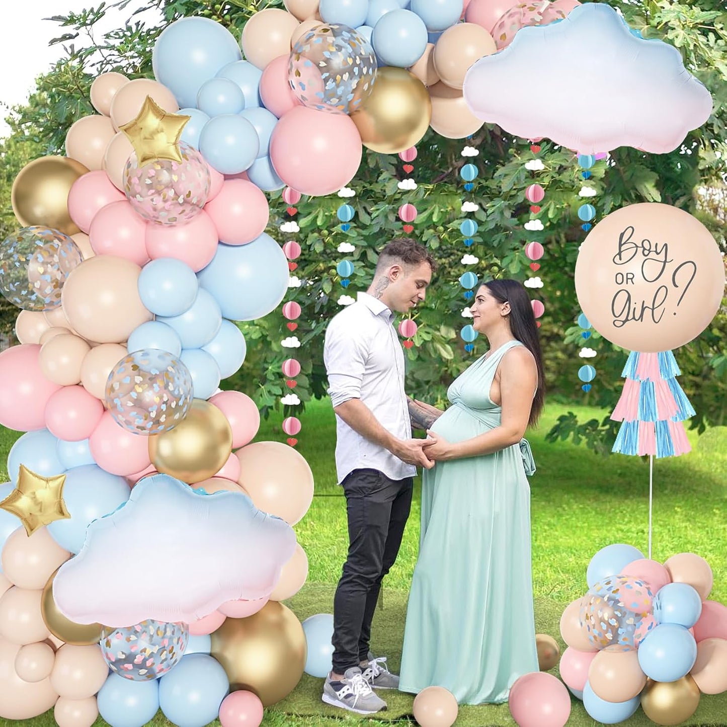Ouddy Party Gender Reveal Decorations, Pastel Pink and Blue Nude Confetti Balloons Arch Kit Star Hanging Cloud Garland Paper Tassels He or She Boy or Girl Gender Reveal Baby Shower Party Supplies