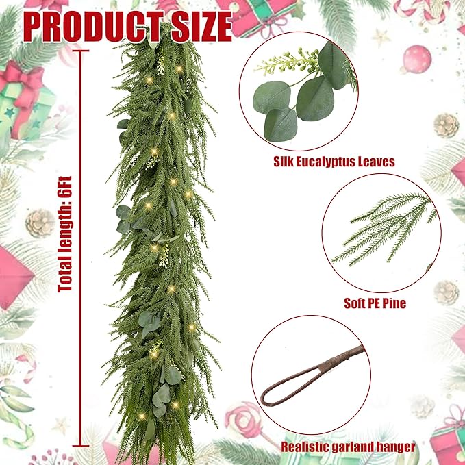 Sggvecsy 6Ft Christmas Fork Norfolk Pine Garland Artificial Christmas Garland Real Touch Pine Greenery with Eucalyptus for Table Wall Mantle Indoor Fireplace Home Holiday Decoration (1 Pack)