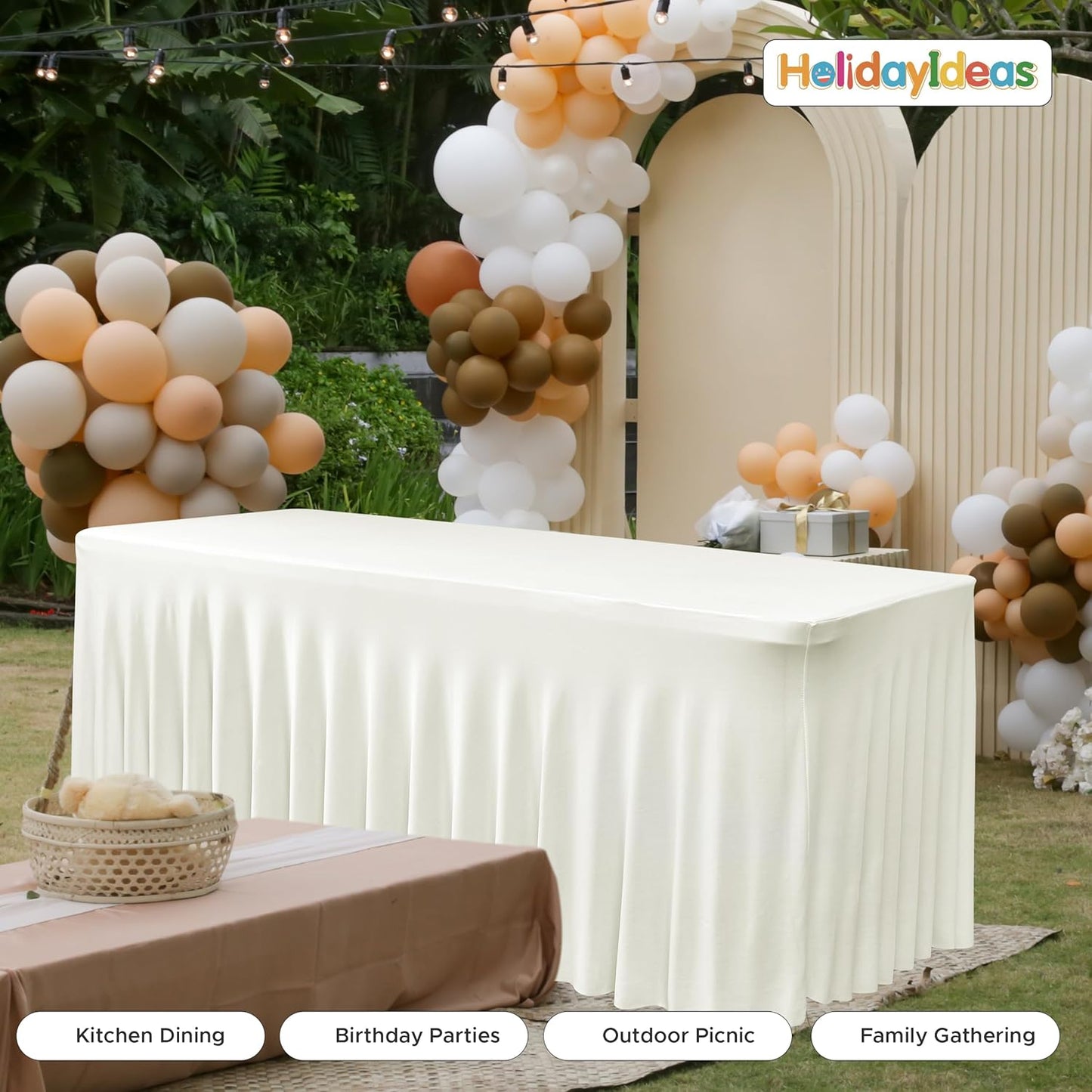 HolidayIdeas Spandex Table Skirts for Rectangle Tables 8 Ft, Fitted Stretch Table Cover 30x96 Inch, Wrinkle-Free Ruffle Design Tablecloths for Banquets,Trade Shows, Parties, Events, 4 Pack, Beige