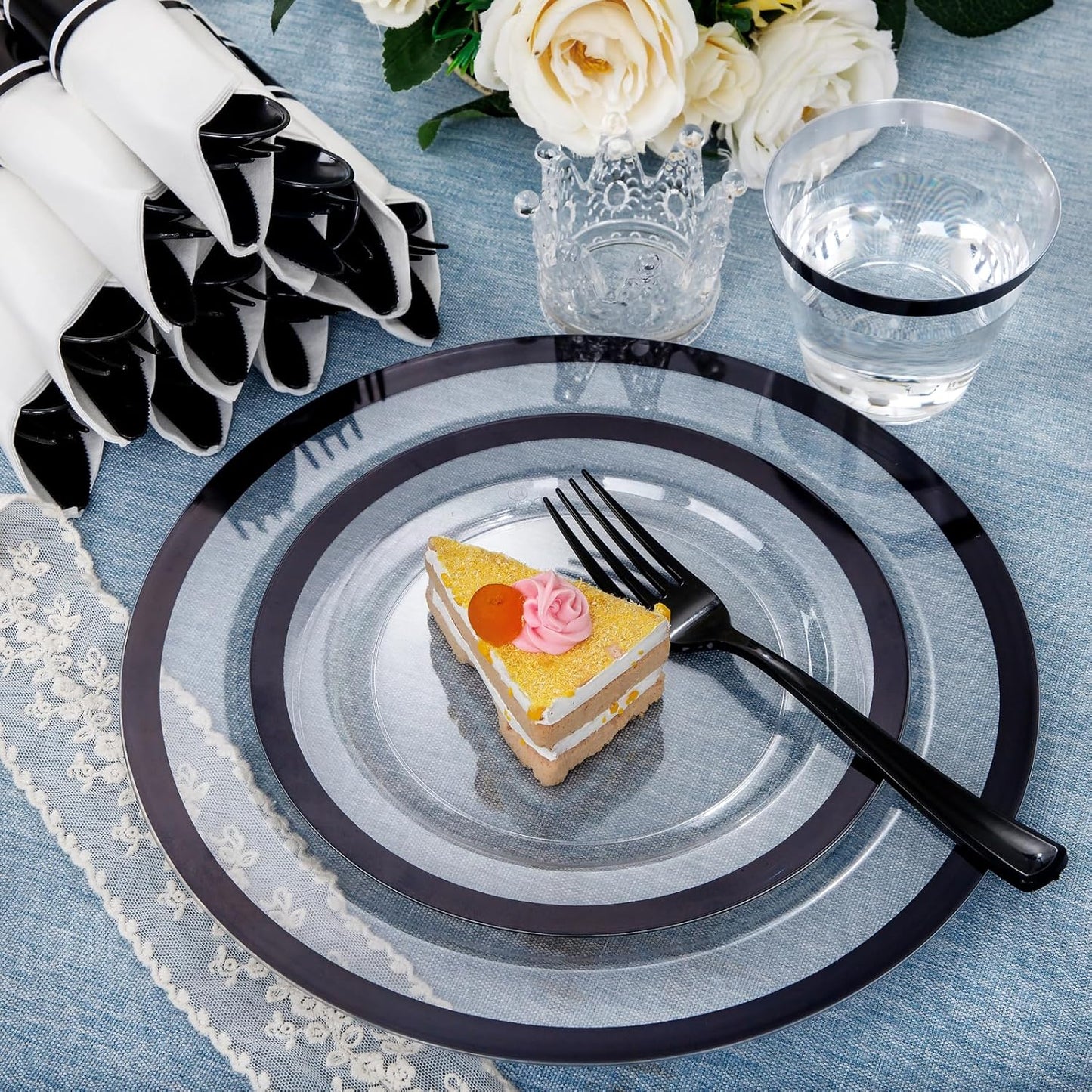 I00000 210 Pcs Clear and Black Plastic Plates, Halloween Disposable Dinnerware Set, Include 30 Dinner 30 Dessert Plates,30 Plastic Cups 9 OZ,30 Pre Rolled Napkins with Cutlery for Halloween Party