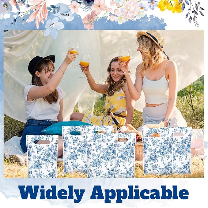 Supervitae 100 Pcs Plastic Blue Floral Gift Bags Flower Party Favor Bags Bulk with Handles for Birthdays Weddings Bridal Baby Showers Snacks Goodie Candy Treat Tea Party Supplies