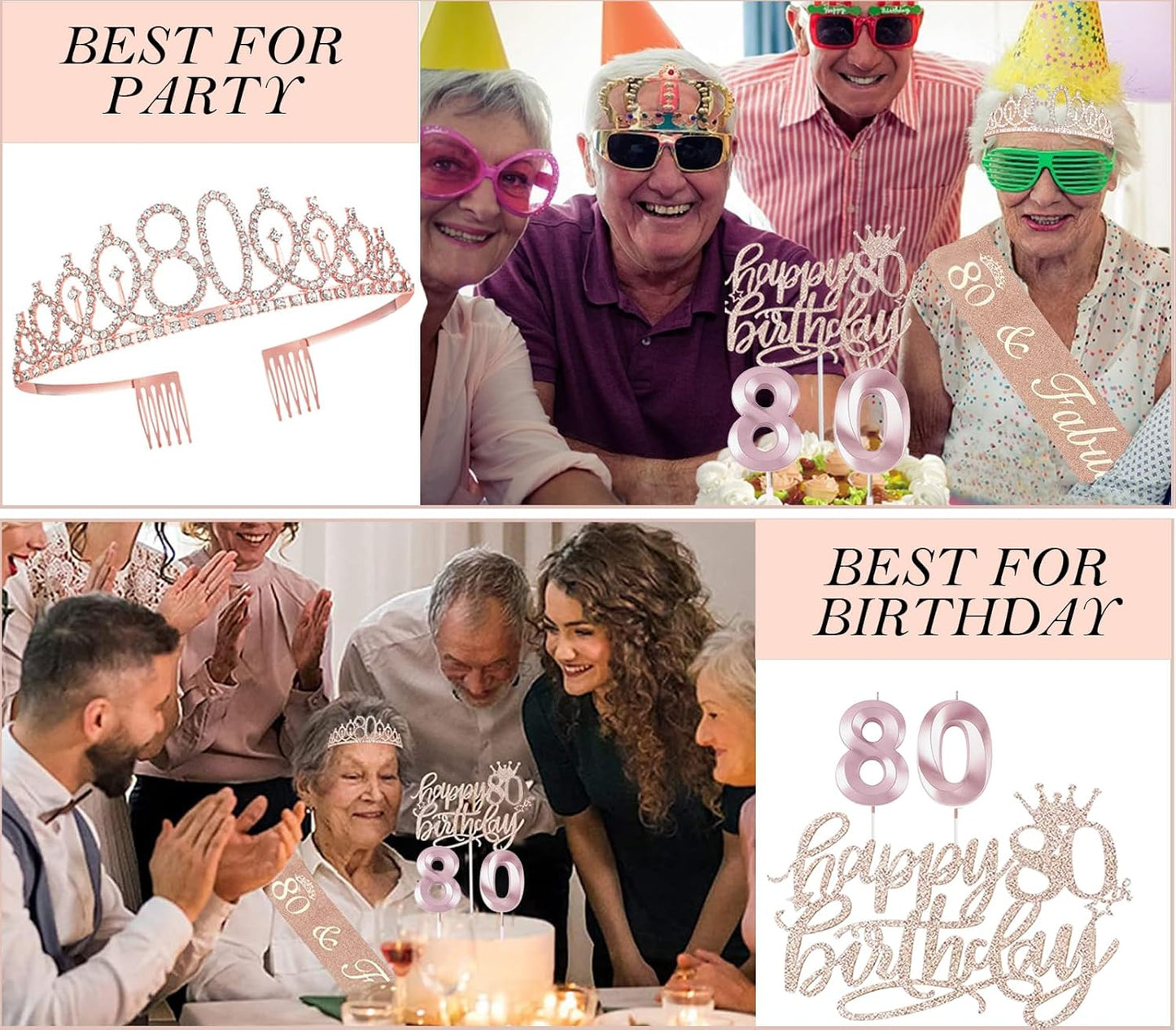 80th Birthday Gifts Decorations for Women, Including 80 year old Birthday Cake Topper, Queen Sash with Pearl Pin, Sweet Rhinestone Tiara Crown, Number Candles and Balloons Set, Rose Gold