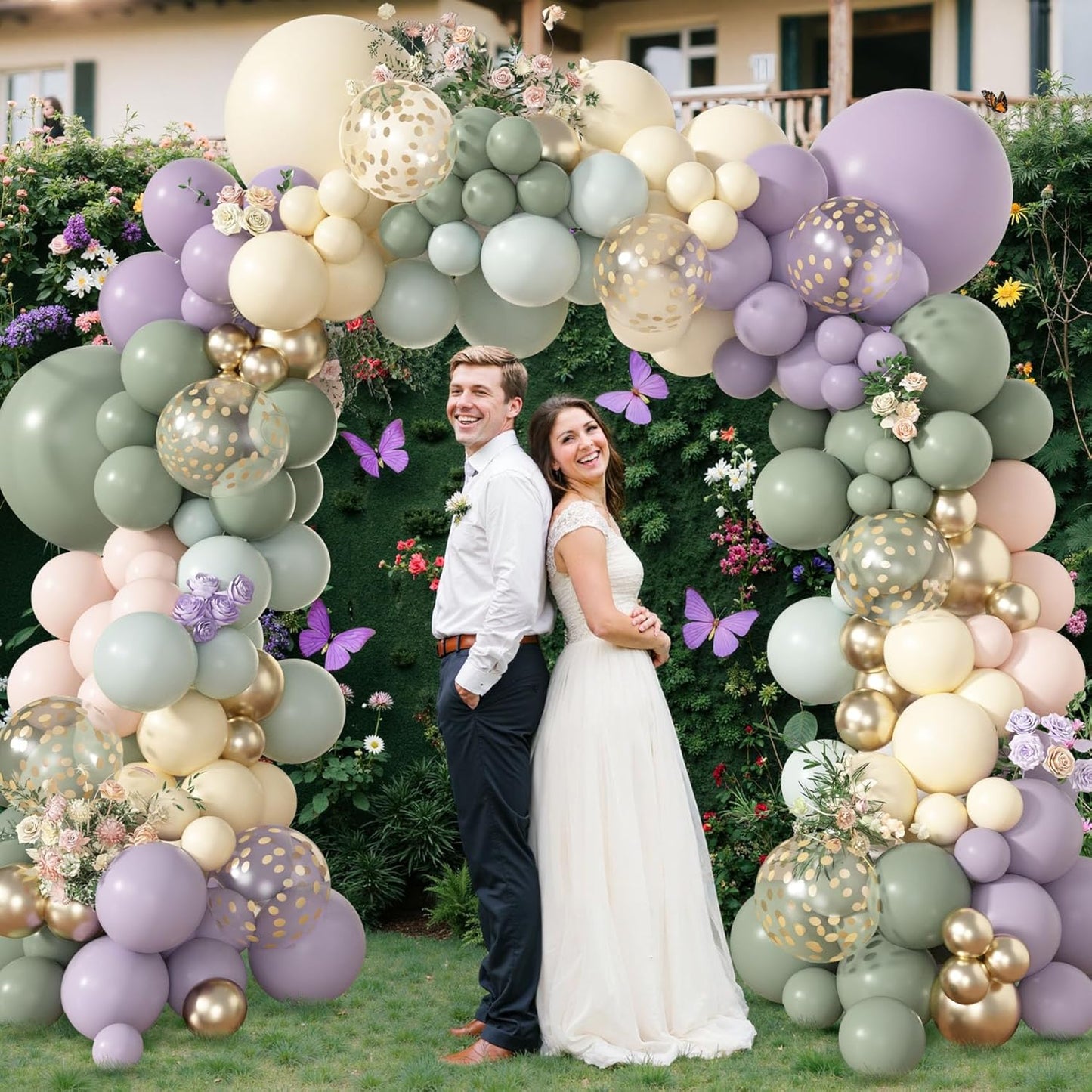 Amandir 173Pcs Dusty Green Purple Pink Balloon Arch Garland Kit, Lavender Pastel Blush Pink Yellow Mist Green Gold Confetti Balloons for Baby Shower Wedding Tea Wildflower Birthday Party Decorations