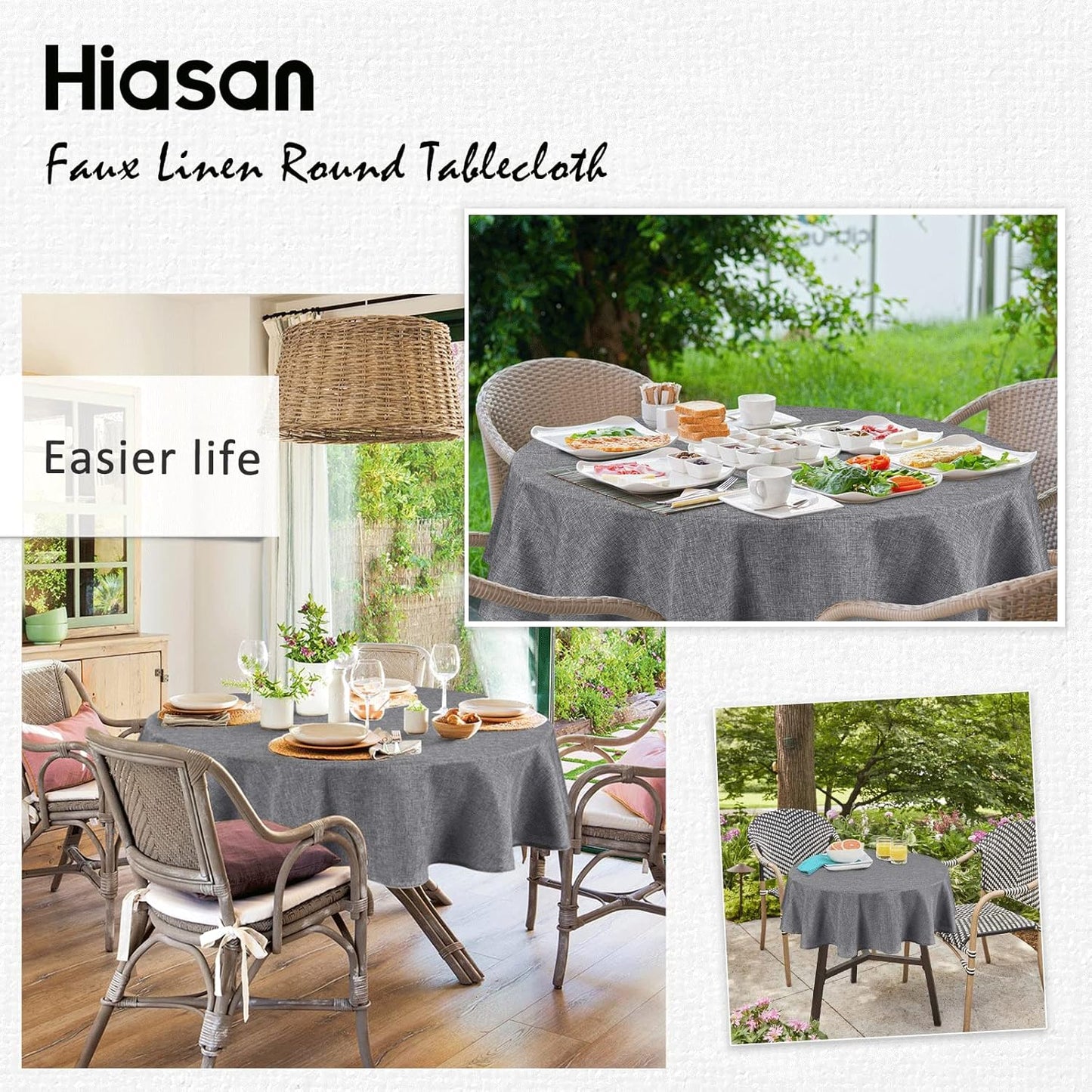 Hiasan Table Cloth Round Linen Tablecloth 120 Inch - Wrinkle and Stain Resistant Washable Polyester Fabric Table Cloth for Dining Room Kitchen Party, Grey
