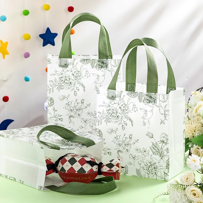 HunnmingRe 30 Pcs Sage Green Floral Gift Bags Floral Gifts Bag with Handles Bulk Wedding Bridal Shower Party Favor Non Woven Reusable Tote for Women Baby Shower Birthday Tea Fall Party Supplies