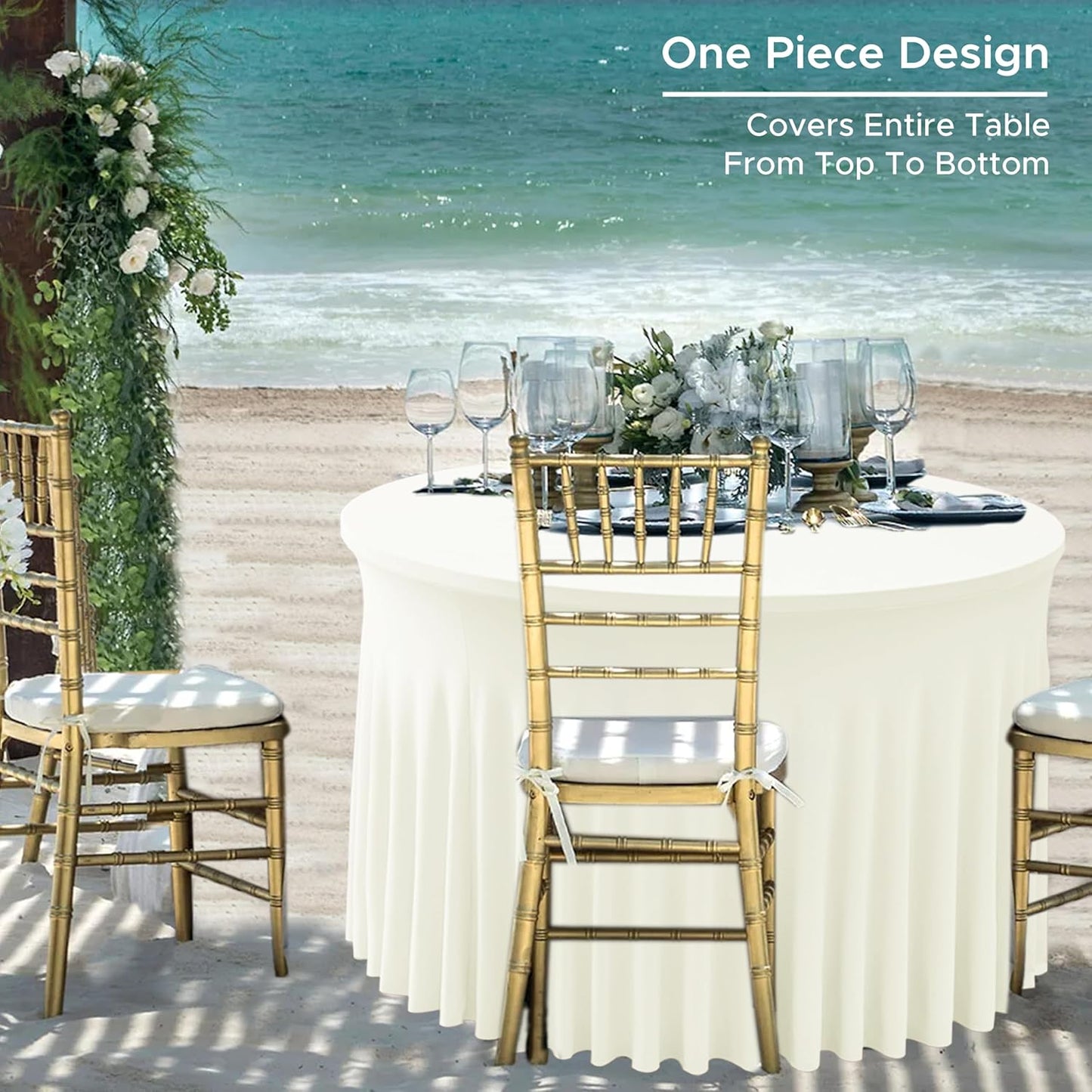 HolidayIdeas 60 Inch Beige Spandex Round Table Skirts,Fitted Stretch Tablecloths for Round 5 ft Table, Wrinkle-Free Ruffle Design Tablecloths for Banquets,Wedding,Trade Shows, Parties, Events, 6 Pcs