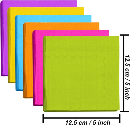 Resinta 120 Pieces Cocktail Napkin Neon Napkins Beverage Luncheon Paper Napkins 2 Ply for Party Favors, 6 Colors