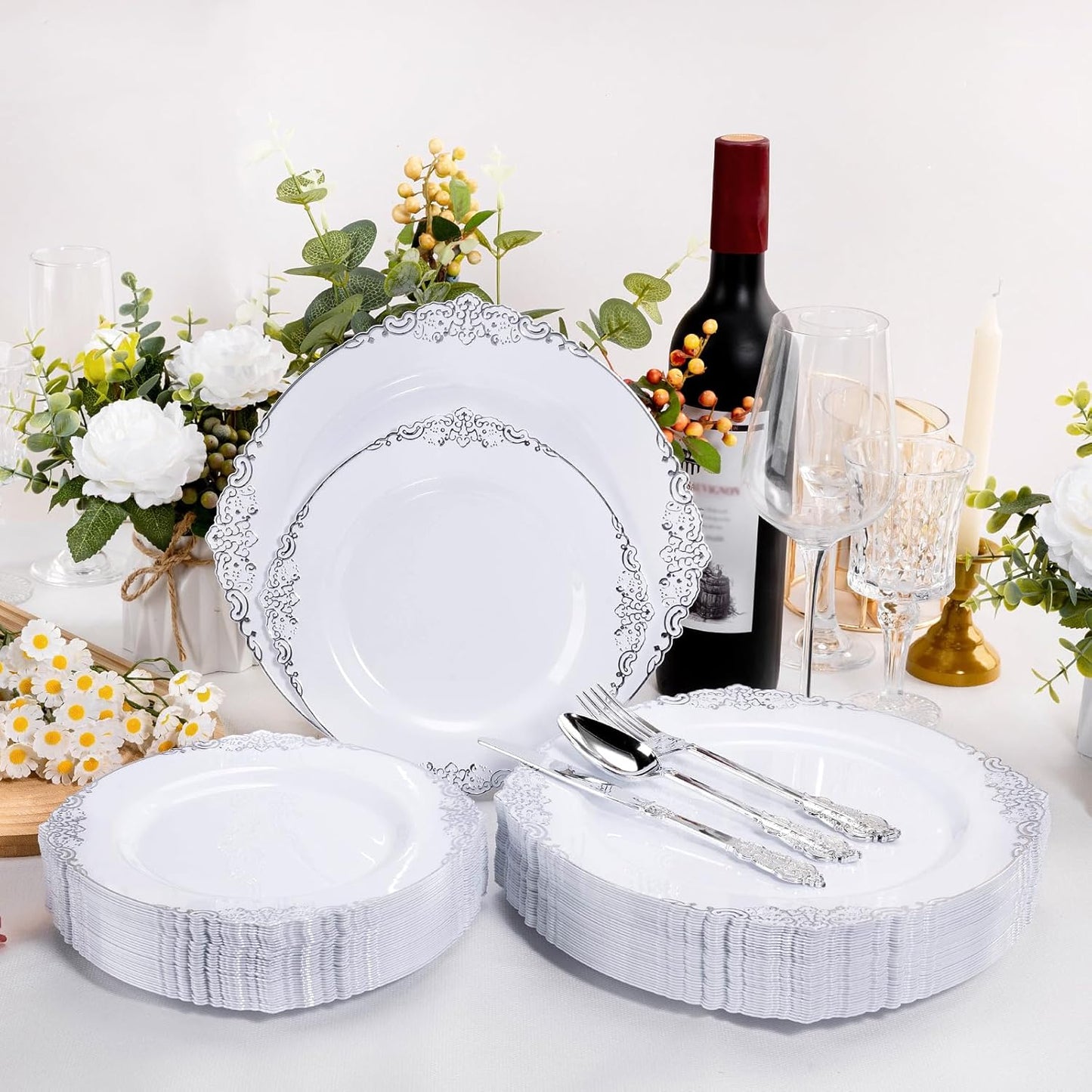 100 PCS White and Silver Disposable Plastic Plates for 50 Guests - 50 Dinner Plates, 50 Dessert Plates for Party, Wedding, and Graduation