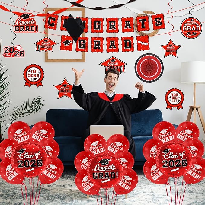 Red Themed 2026 Graduation Decorations Set - Congrats Grad Banner, Class of 2026Backdrop, Balloons & Streamers Kit - Complete Party Supplies for High School & College Celebrations