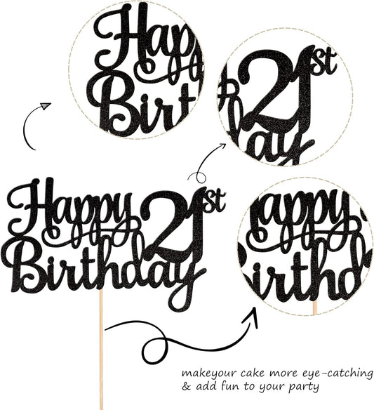 1 PCS Happy 21st Birthday Cake Topper Glitter Cheers to 21 Years Cake Pick 21 Fabulous Cake Decoration for 21st Birthday Party Decorations Supplies Black