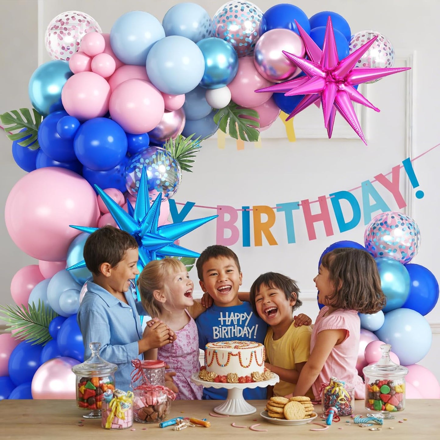Royal Blue and Pink Balloons Arch 118pcs Pastel Blue Light Pink Balloons Garland Metallic Confetti Latex Balloon Explosion Star Foil Summer Hawaii Birthday Party Decorations Gender Reveal Baby Shower