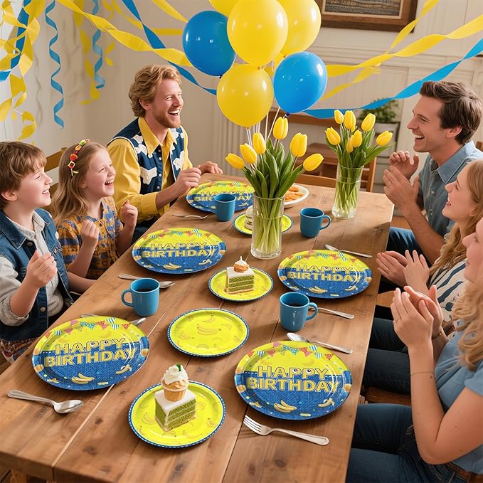 Grencian 96Pcs Yellow Cartoon Birthday Party Decorations Yellow Cartoon Paper Plates and Napkins Banana Theme Disposable Tableware for Banana Theme Birthday Decorations Serves 24
