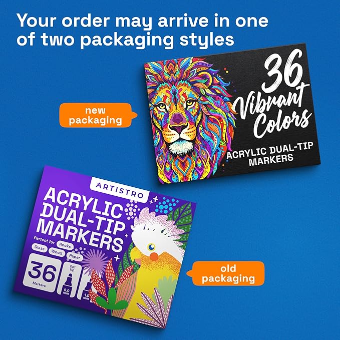 ARTISTRO 36 Acrylic Paint Markers for Rock, Fabric, Wood, Glass, Decoration - Dual-Tip Paint Pens for Coloring Books for Adults, Teens, Kids - Art and Craft Supplies Kit - Gift Idea