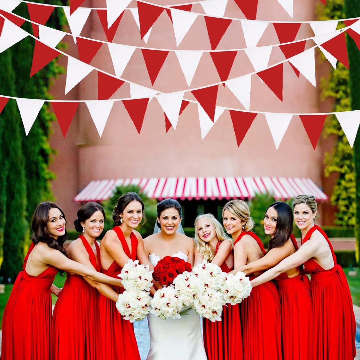 32Ft Red White Pennant Banner Fabric Triangle Flag Bunting Garland Streamers for Wedding Engagement Bridal Shower Anniversary Bachelorette Birthday Party Home Outdoor Garden Hanging Decoration