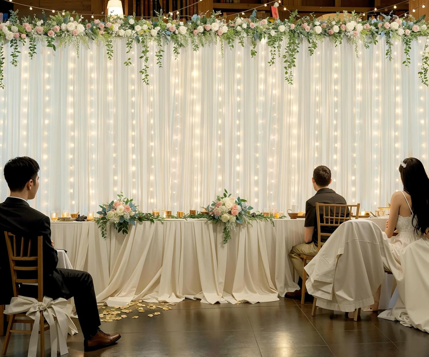 Ivory Tulle Backdrop Curtains with Lights String for Parites Wedding 20×10ft Ivory Sheer Backdrop Curtains for Baby Shower Birthday Party Photo Shoot Background Decorations(4 Panels 5ft×10ft)