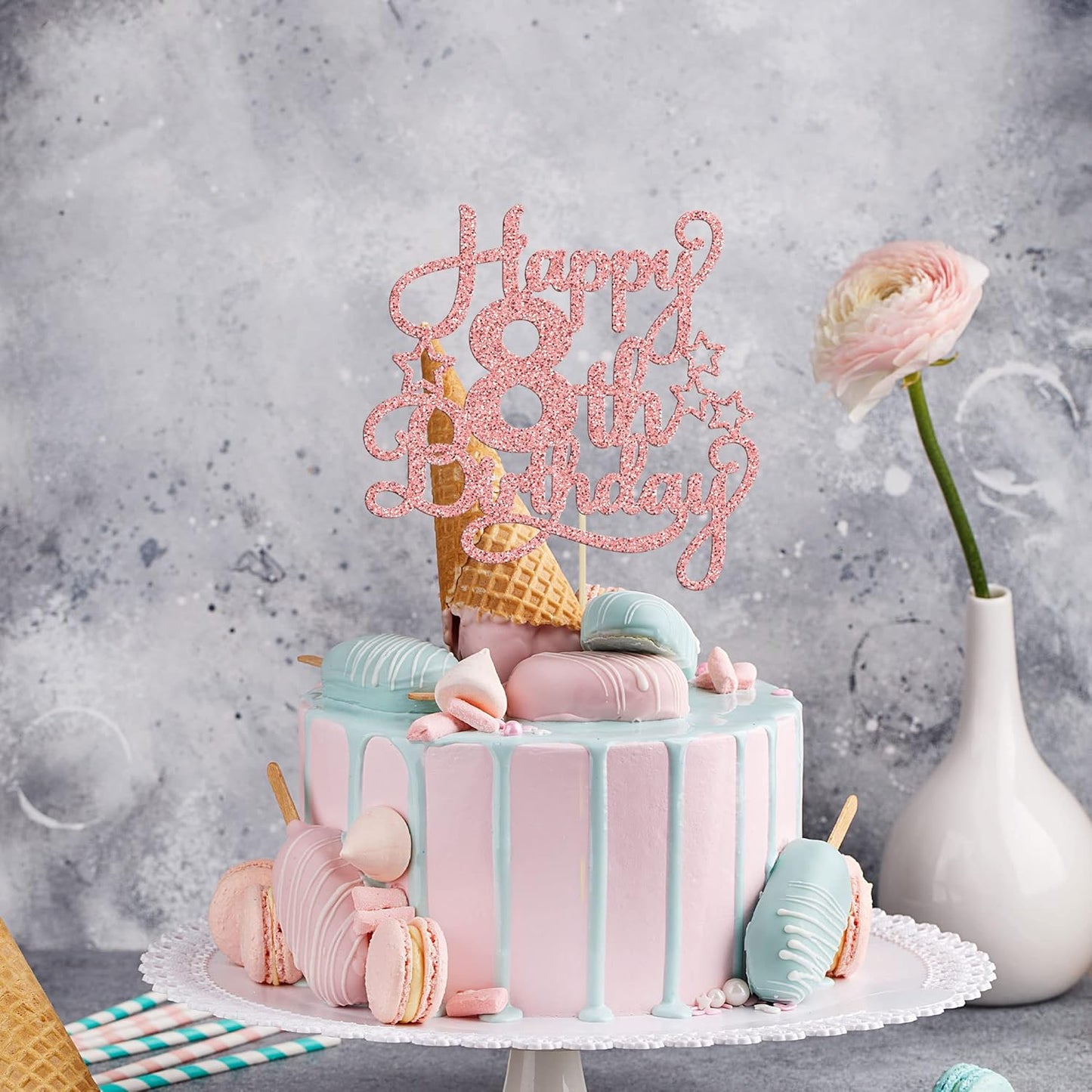 Happy 8th Birthday Cake Topper - Rose Gold Glitter Cheers to 8 Years Old Cake Pick for Celebrating Anniversary Party Decorations Supplies (1 Pack)