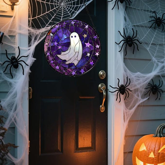 Stained Glass Window Hanging - Halloween Decoration Purple Star White Ghost Suncatcher for Doors Garden Indoor Spooky Sun Catchers Gothic Decor Horror Gifts for Women Men Friend 9.8 in