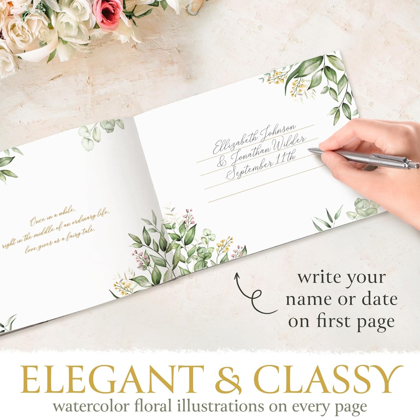 Wedding Guest Book with Photo Frame - Elegant Flower Design Hardcover with Golden Edges Wedding Guest Book - 120 Pages for Wedding Reception, Bridal Shower, and Special Events