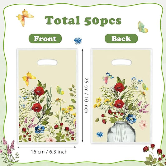 Vintage Wildflower Party Favor Bags - 50Pcs Plastic Retro Wild Flowers Candy Treat Gift Bag with Handles Butterfly Snack Goodie Gift Sacks Wedding Birthday Party Supplies Baby Shower Decor