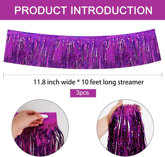 BEISHIDA 3 Packs Metallic Foil Fringe Garland Laser Purple Wall Hanging Tinsel Fringe Banners for Car Floats Bridal Shower Wedding Birthday Easter Graduation Holiday Party Decoration(30 Feet)