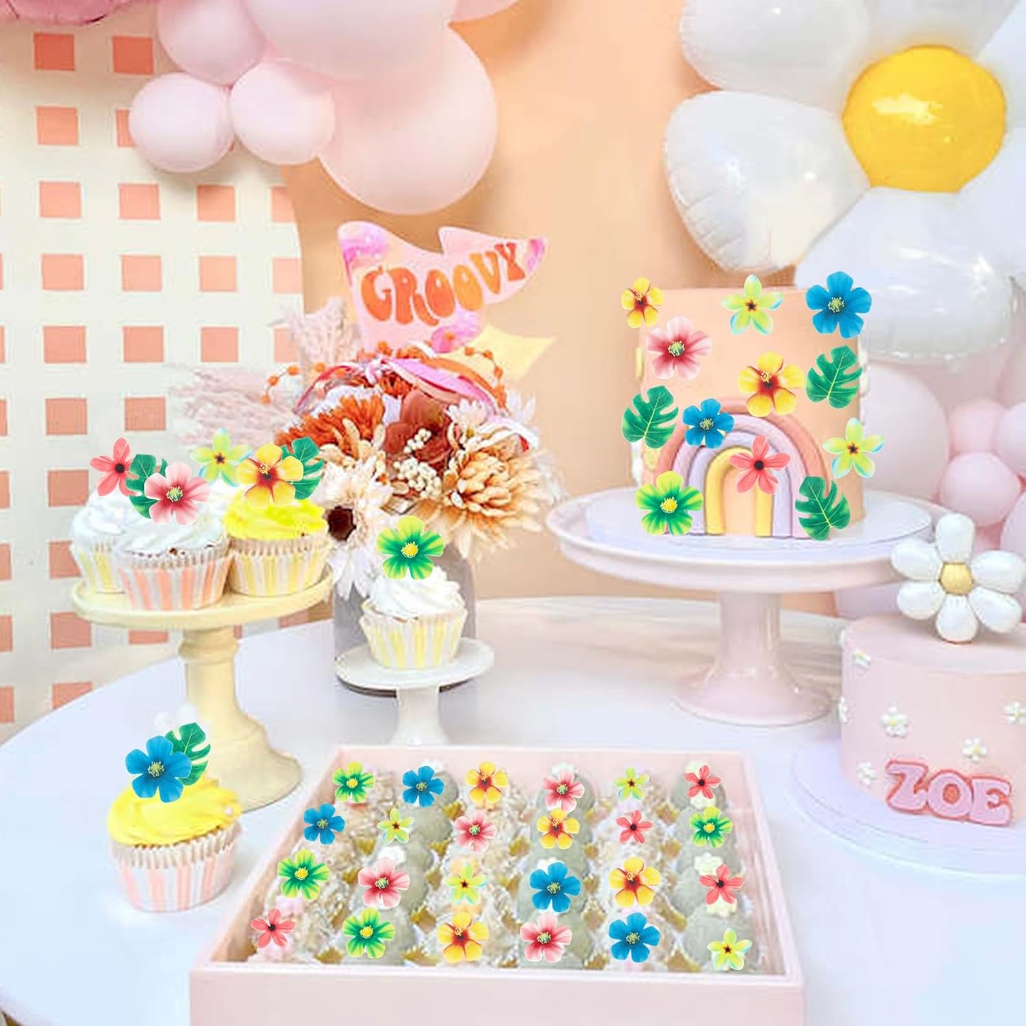 83 PCS Edible Tropical Palm Leaves and Hawaii Flowers Cupcake Toppers Edible Flowers Cupcake Picks Hawaii Theme Cake Decorations for Jungle Theme Birthday Party Wedding Cake Decoration Supplies