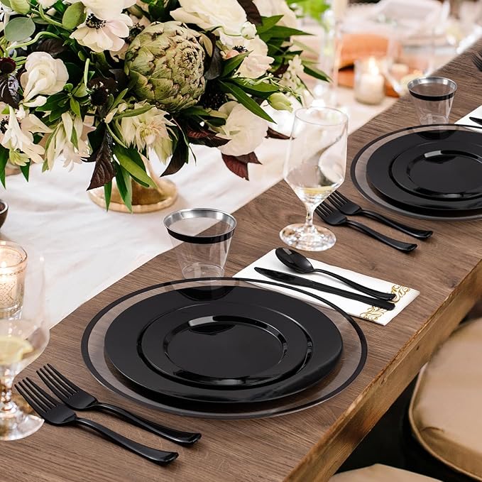 Goodluck 12 Inch Charger Plates, 25 Pack Clear Charger Plates with Black Trim, Plastic Charger Plate Bulk for Dinner, Wedding, Party, Event Decoration, Clear&Black