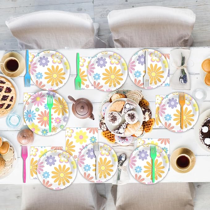 96PCS Boho Pastel Party Paper Plates and Napkins for Groovy Daisy Retro Boho Party Dessert Cake Plates Disposable Tableware Supplies for Baby Shower Birthday Wedding Seasonal Holiday Decorations