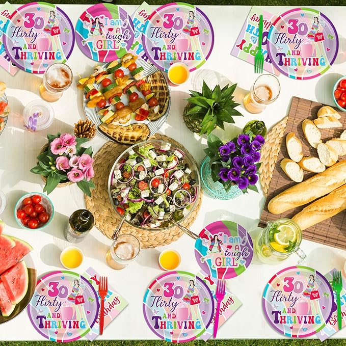 96Pcs Thirty Flirty and Thriving Party Supplies 30 Flirty and Thriving Paper Plates Napkin 30th Birthday Decoration for Her Women Talk 30 to Me 30th Birthday Dinnerware Party Favor Tableware Serves 24