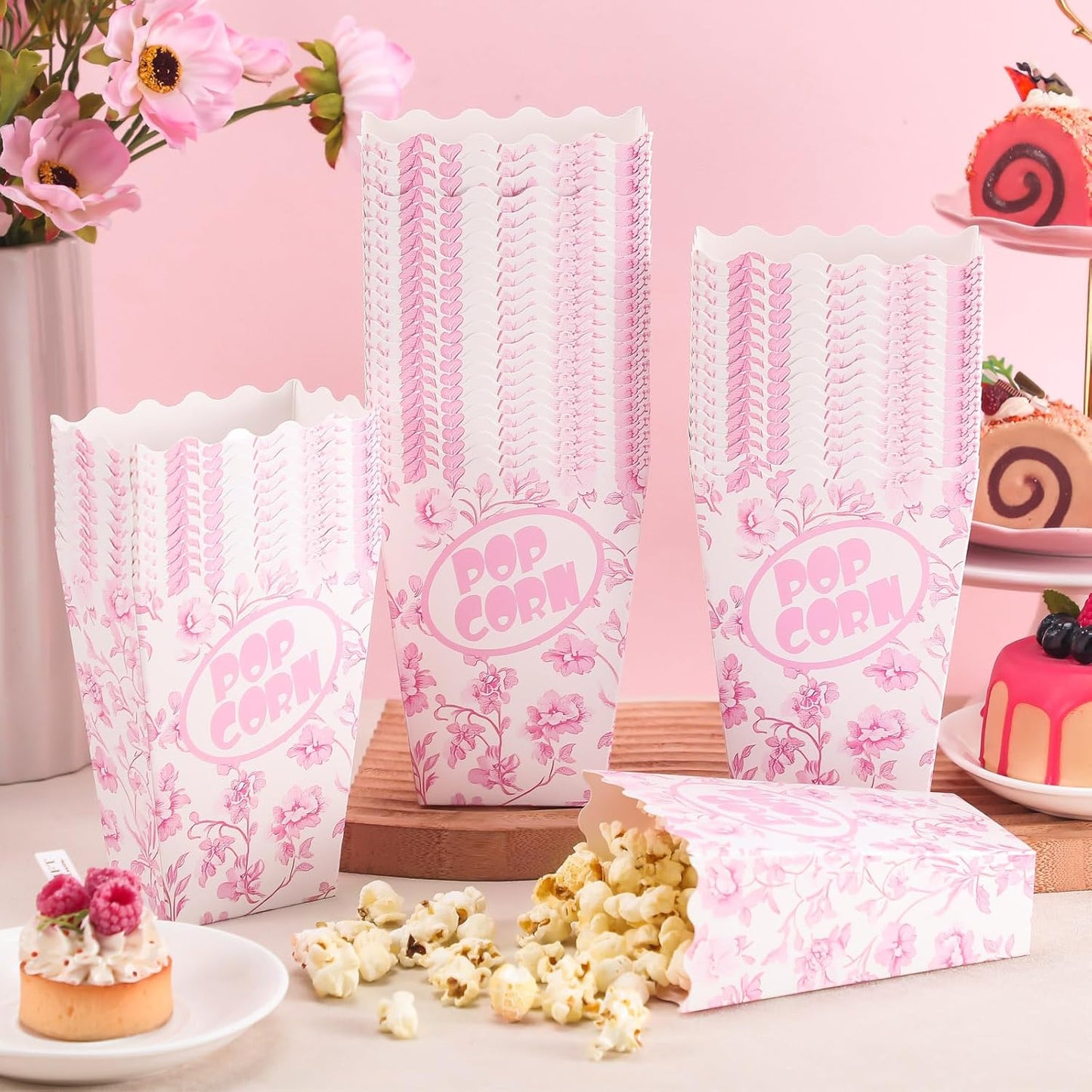 Marspark 50 Pack Pink Floral Party Popcorn Boxes - Chinoiserie Flowers Vintage Paper Popcorn Boxes Individual Servings for Birthday, Movie Night, Carnivals