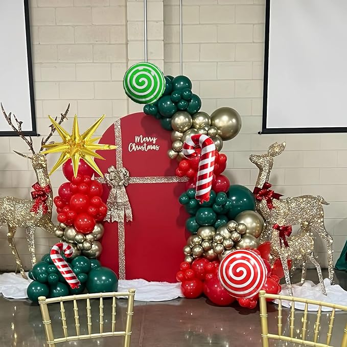 Christmas Balloon Garland Arch Kit, Xmas Red Green Gold Balloons Candy Cane Explosion Star Mylar Foil Balloons for Merry Christmas Ugly Sweater New Year Friendsmas Festival Birthday Party Decorations